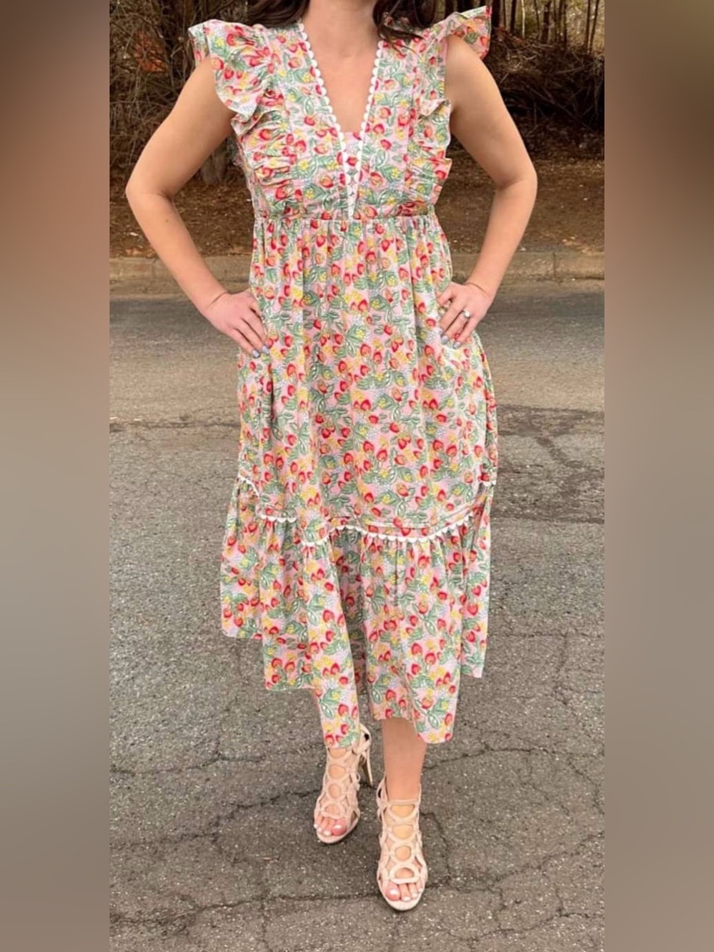 GiGiO USA Women's Pink Floral Strawberry Ruffle V-Neck Flutter Midi Dress M